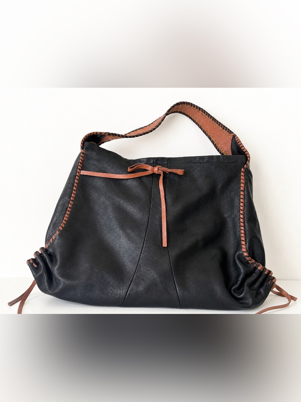 Muxo Black Leather Shoulder Hobo Bag with Brown Trim